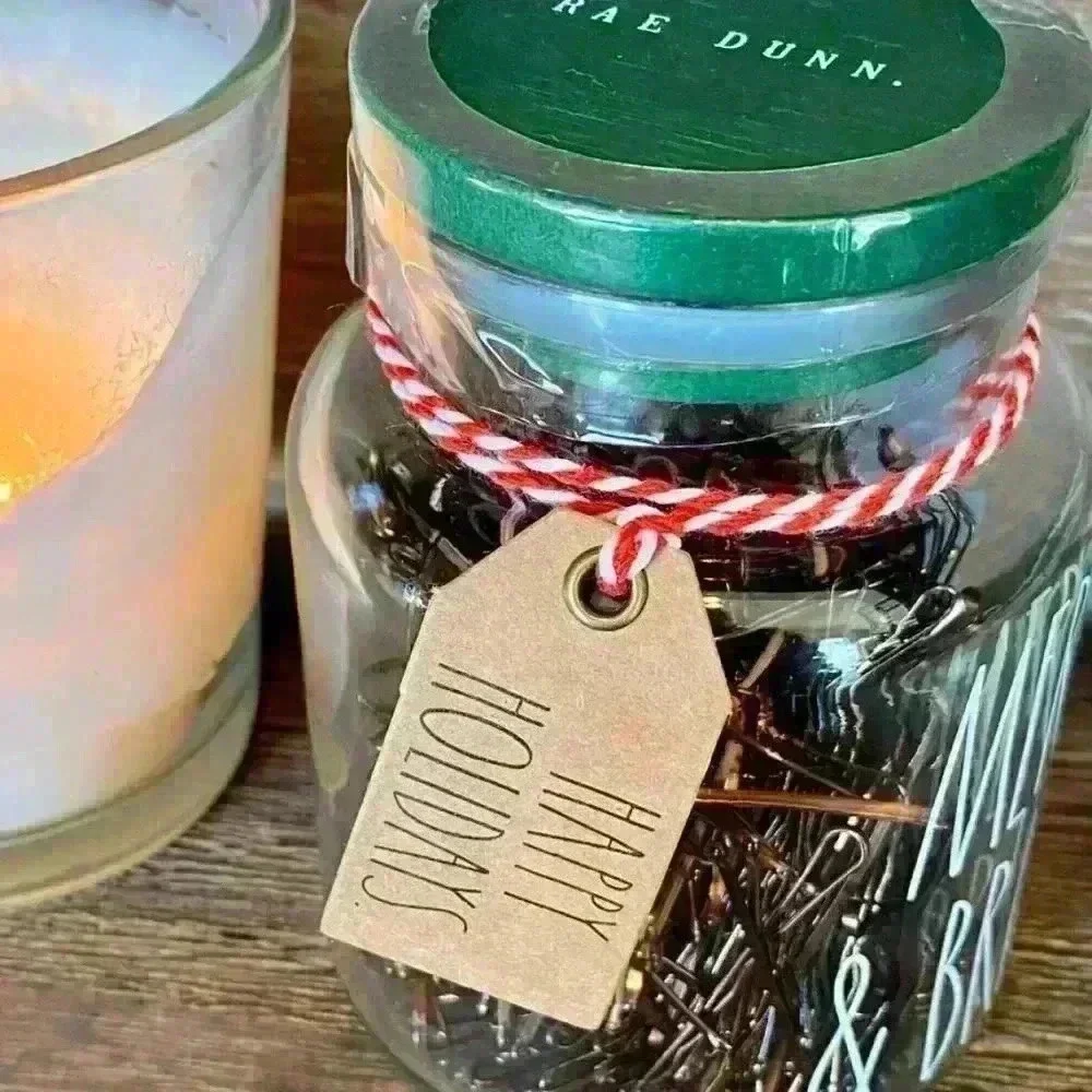 NEW 300 Bobby Pins MERRY & BRIGHT Adorable reusable glass jar w/ Lid by RAE DUNN